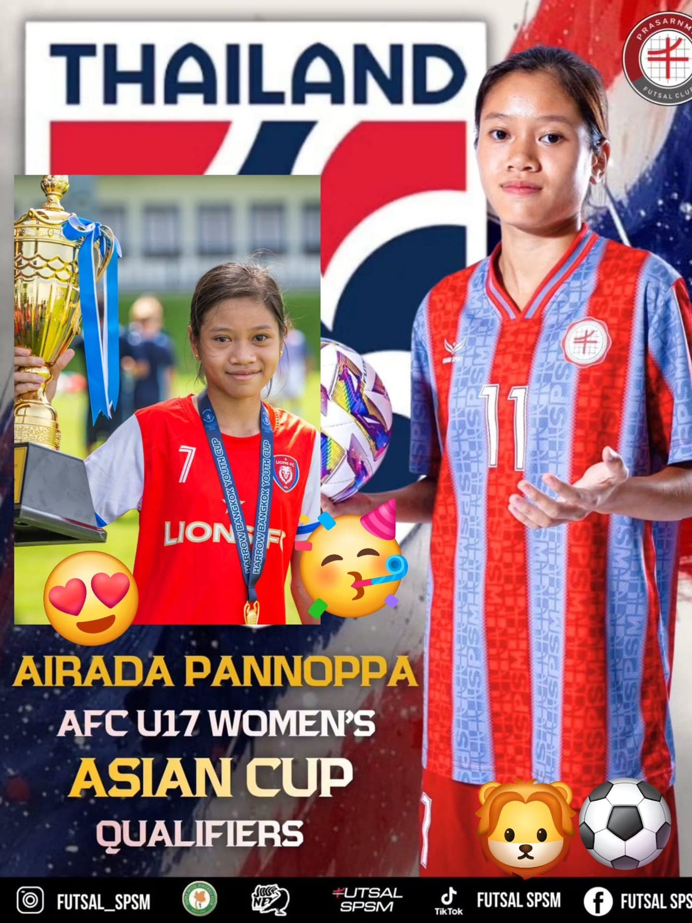 Airada Pannoppa in her Lions FC shirt holding the Harrow Bangkok Youth Cup, beside her Thailand squad portrait