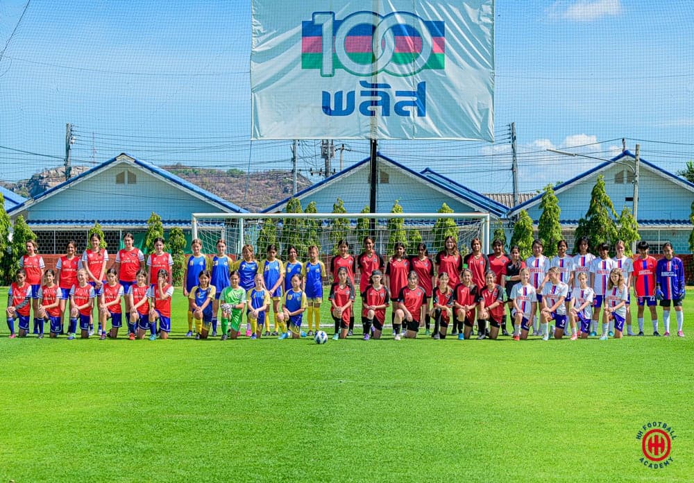 Four girls’ teams lined up together in front of the goal at the Hua Hin tournament, Lions FC among them