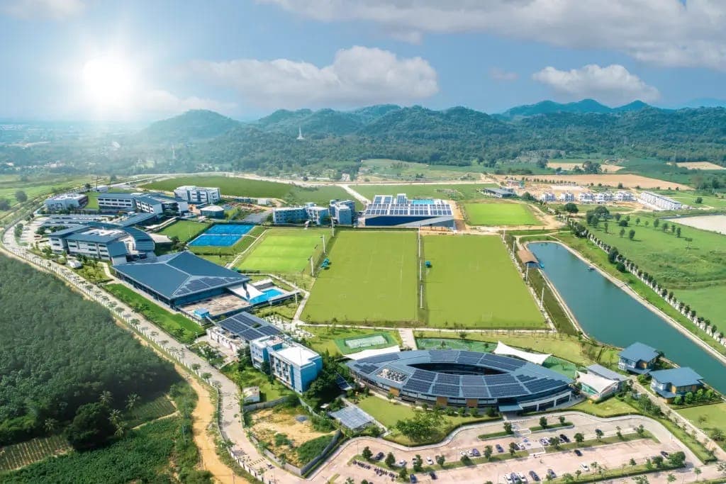 The Rugby International School grounds at Wisdom Valley in Pattaya from the air